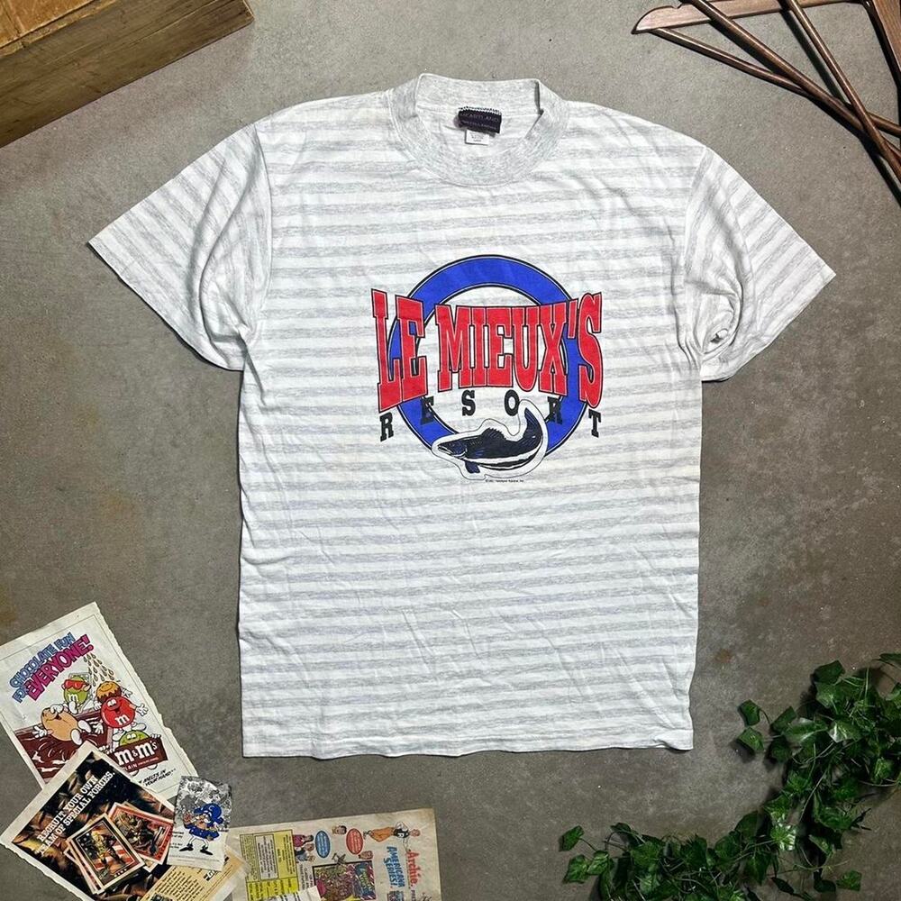 Vintage 90s Single Stitch Fishing Tee Mens Large Gray White Striped Fish Shirt